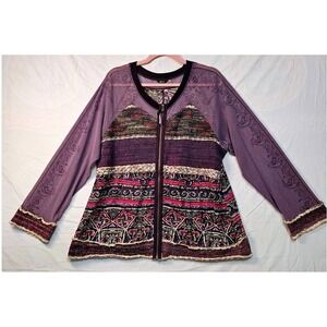 Kaktus Cardigan Women 3X Purple Mixed Media Zip Up Geometric Crochet Panel #830
